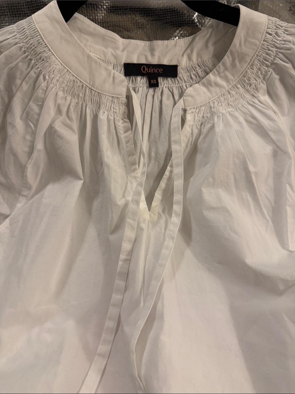 Quince White Tie-Front Smocked Yoke Blouse